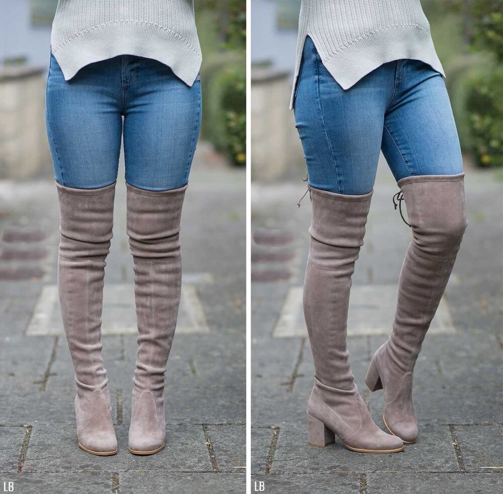 Stuart Weitzman Tie Model Stretch Suede Over-The-Knee OTK Block Heel Boots 6.5